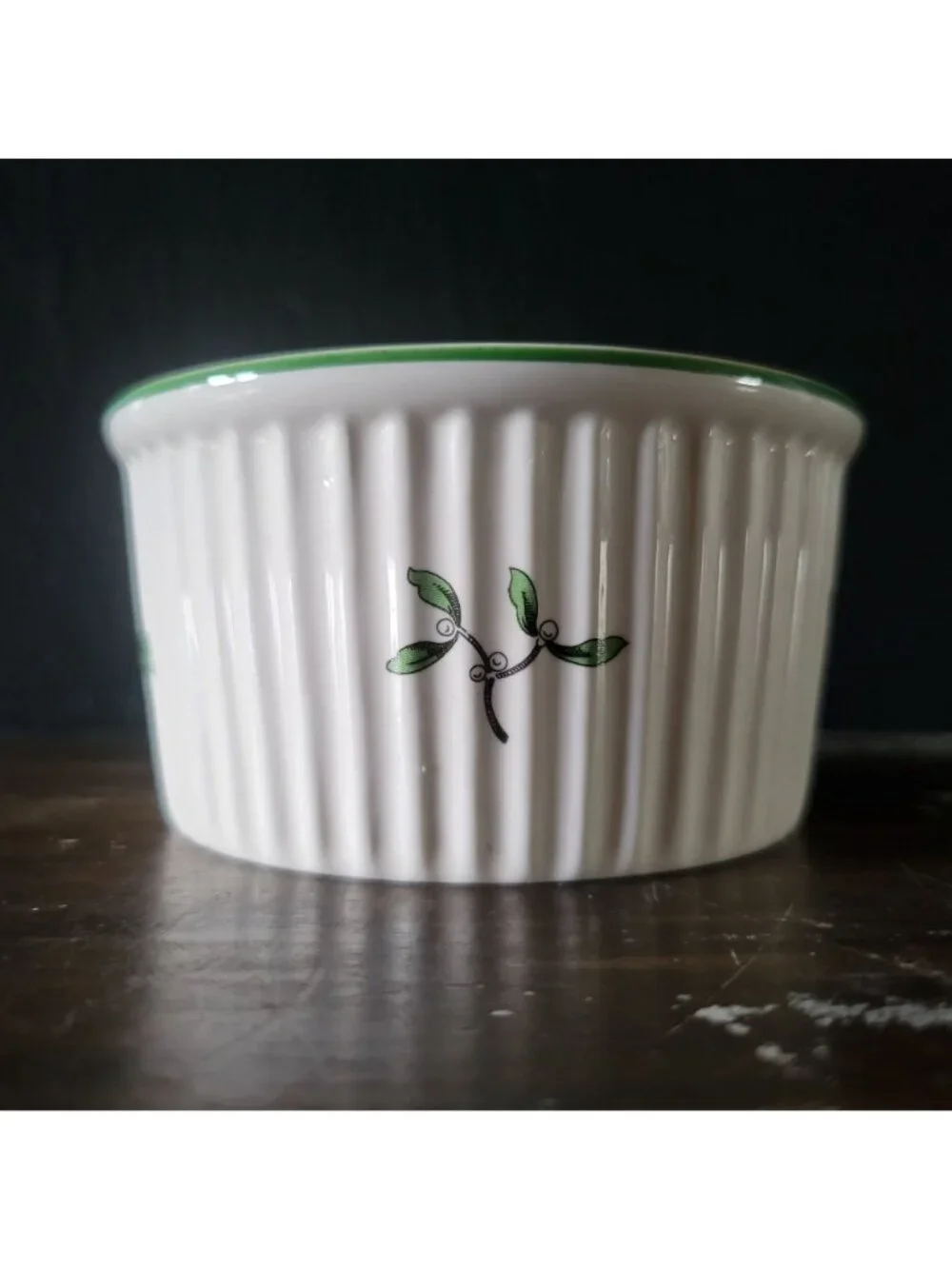 Spode Christmas Tree Ramekin White Ribbed Ceramic With Holly Motif & Green Rim